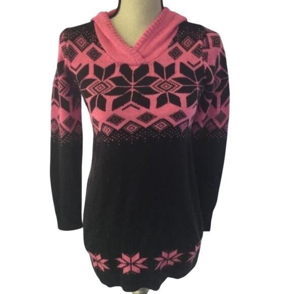 Justice Long Sweater Dress Junior 14 Pink Black Snowflake Hood Knit Winter - Picture 8 of 8